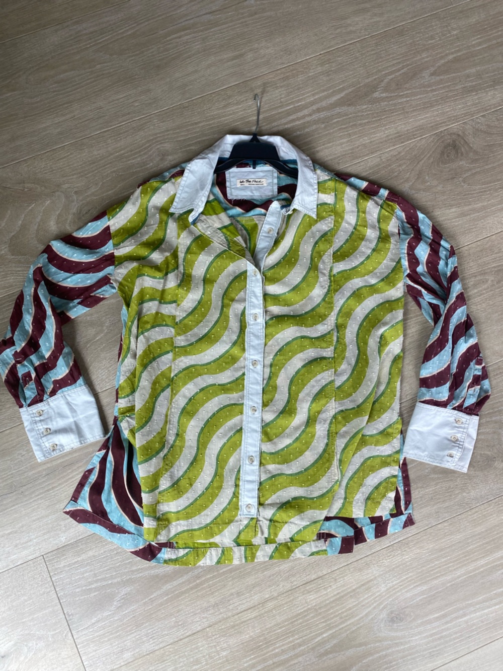 We The Free Multicolor Wavy Stripe Button-Up - Teal, Green, Brown, Textured Dots
